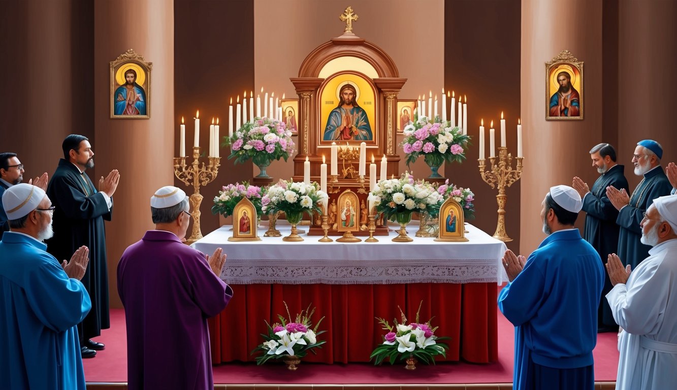 A candlelit altar adorned with flowers and religious icons, surrounded by devout worshippers in prayer