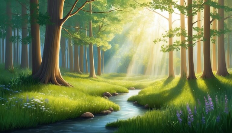 Sunlight streams through trees, illuminating a stream in a lush green forest