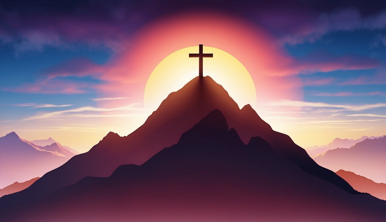 A sunrise over a mountain peak, with a cross silhouetted against the colorful sky