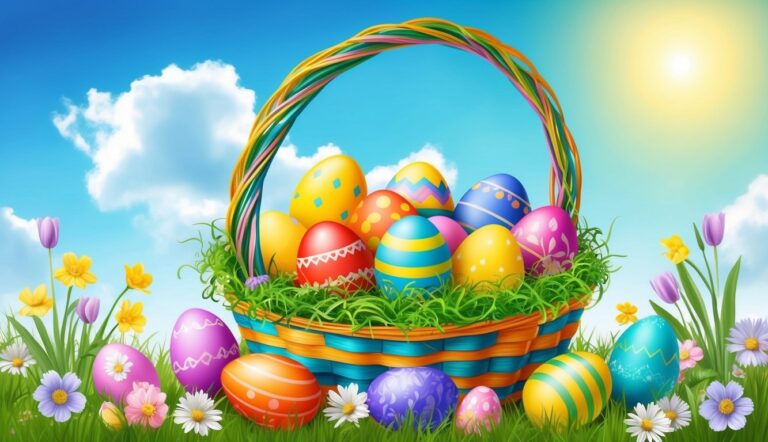 Easter basket filled with colorful eggs, flowers, and green grass