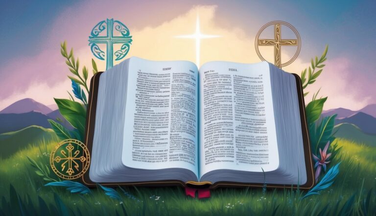 Open Bible with crosses, bright light, and nature background