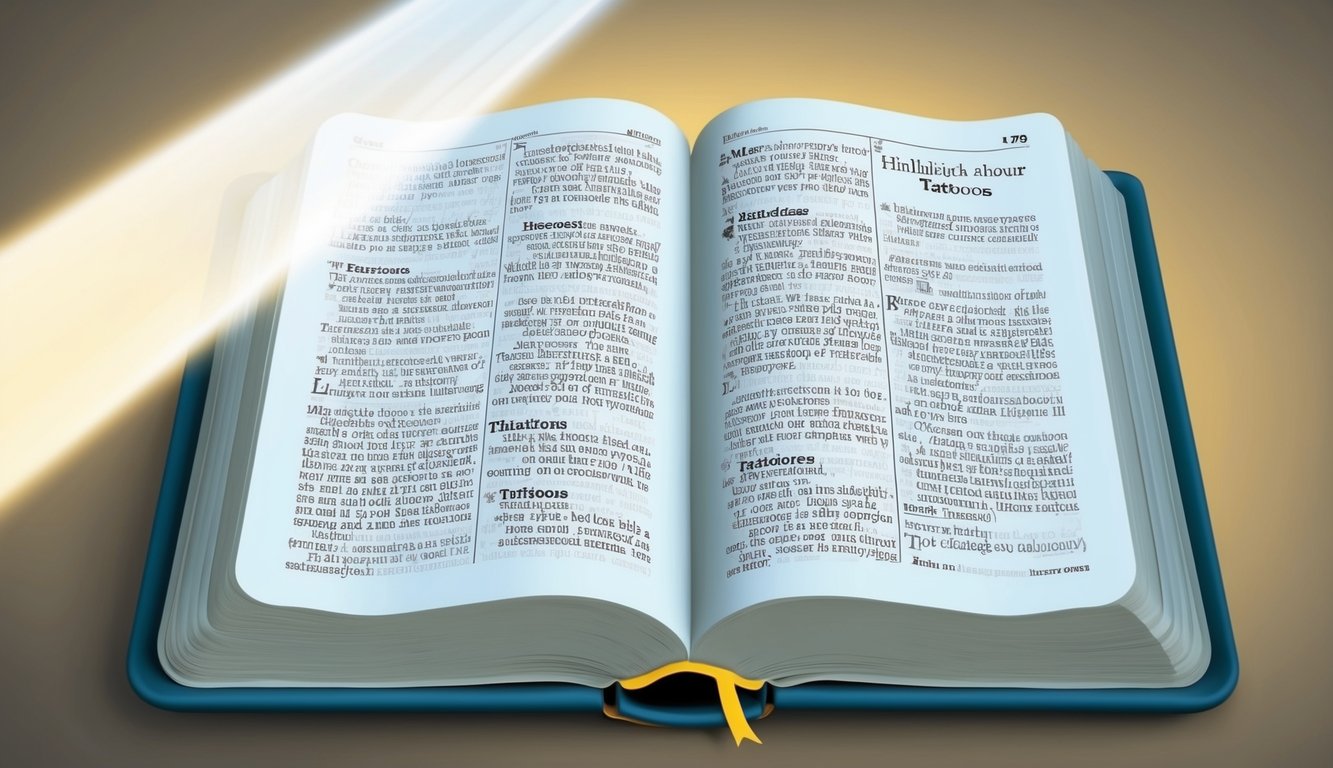 A serene, open Bible with a highlighted passage about tattoos.</p><p>A beam of light illuminates the page, casting a soft glow on the surrounding area