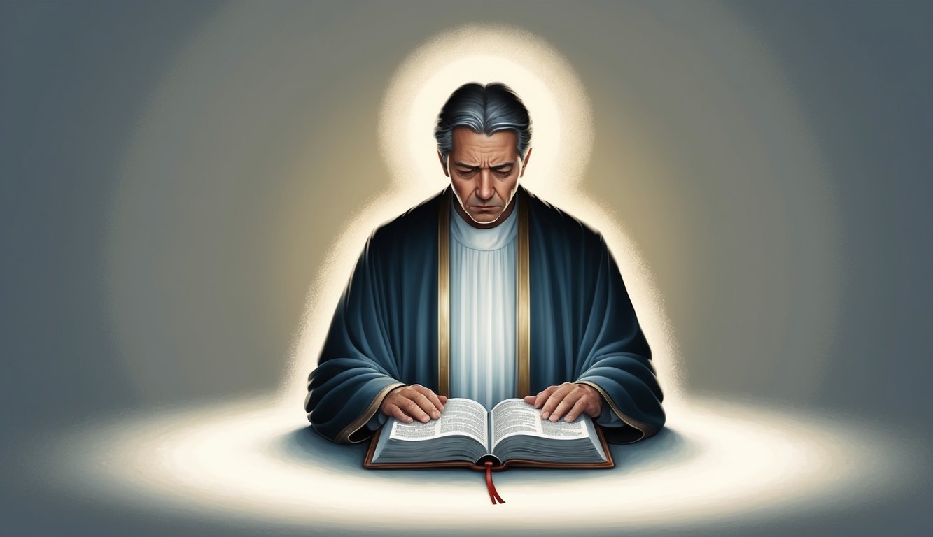 A solemn figure reading a Bible, surrounded by a faint glow, with a conflicted expression