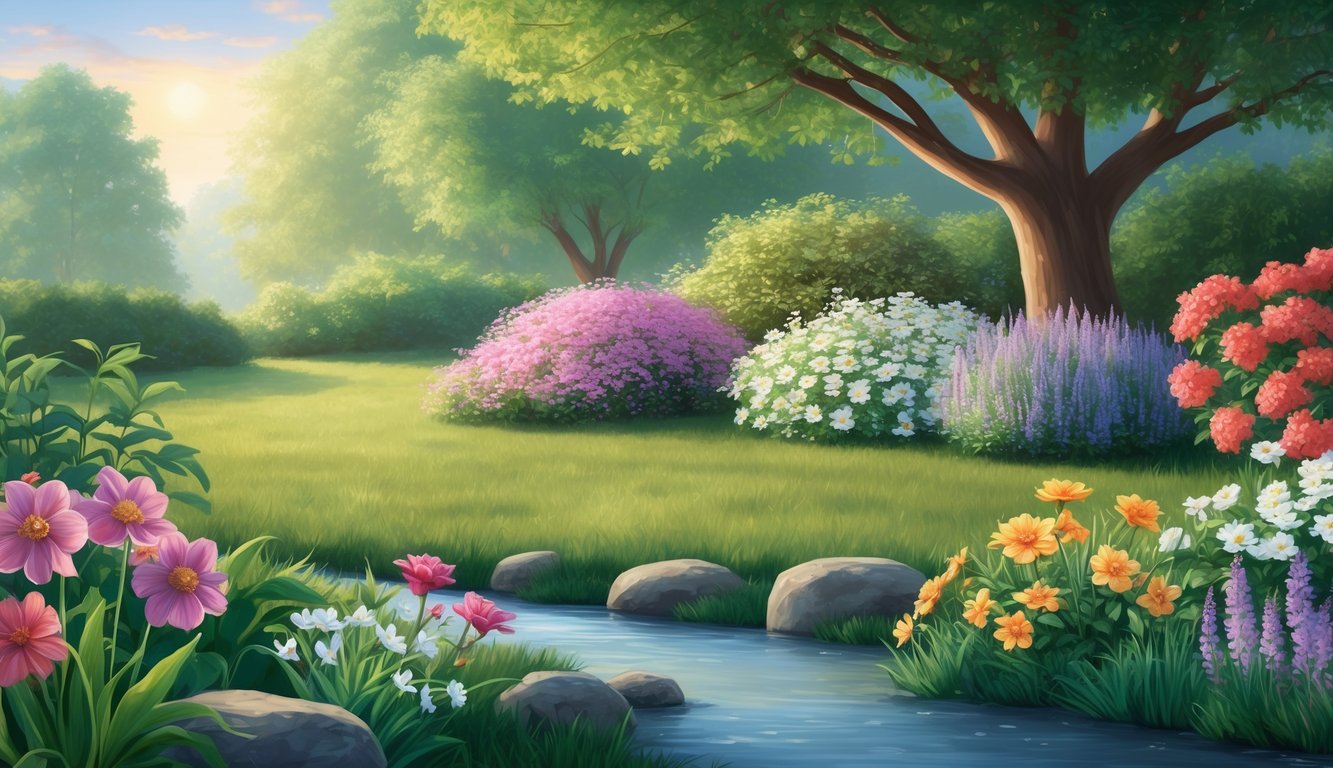 A serene garden with blooming flowers and a gentle stream, symbolizing restoration and healing after divorce