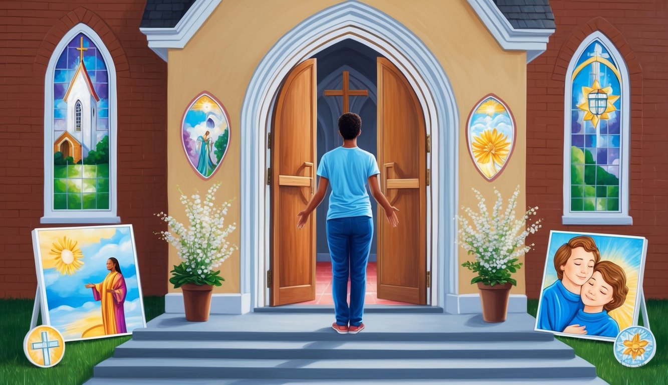 A church with open doors welcoming a person standing alone, surrounded by comforting imagery and symbols of hope and healing