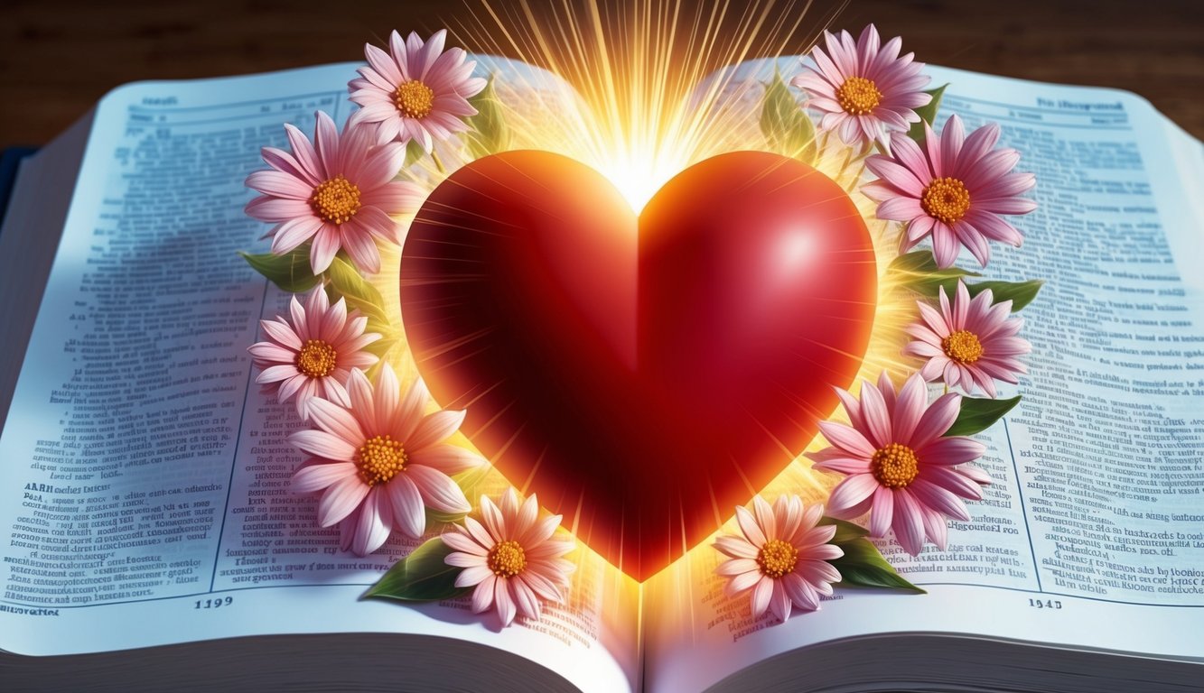 A heart surrounded by blooming flowers, radiating light and warmth, with open pages of a Bible in the background