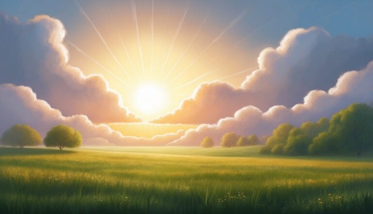 Sunrise over a green field with trees and fluffy clouds