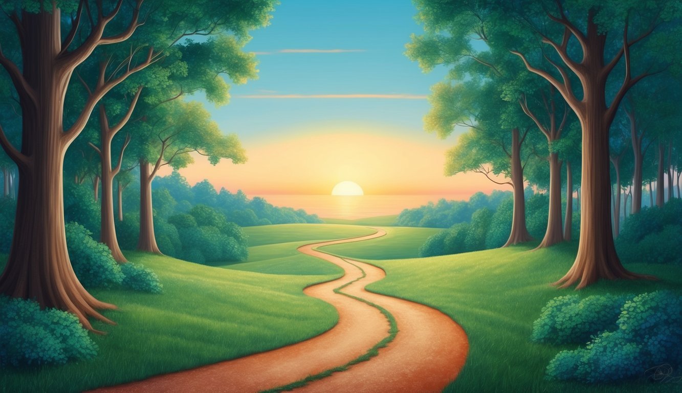 A serene landscape with a winding path leading through a lush forest towards a glowing horizon