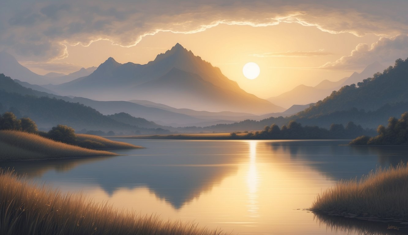 A serene, ethereal landscape with a golden sun setting behind a mountain range, casting a warm glow over a tranquil, reflective body of water