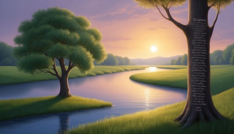 Scenic landscape with a river, trees, and a sunset with text on a tree