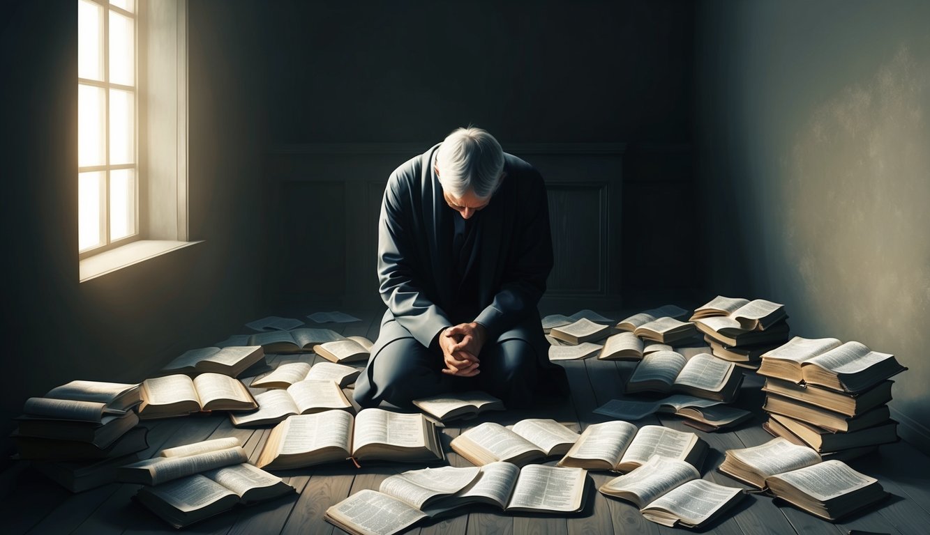 A solitary figure sits in a dimly lit room, head bowed in contemplation, surrounded by scattered pages of a well-worn Bible