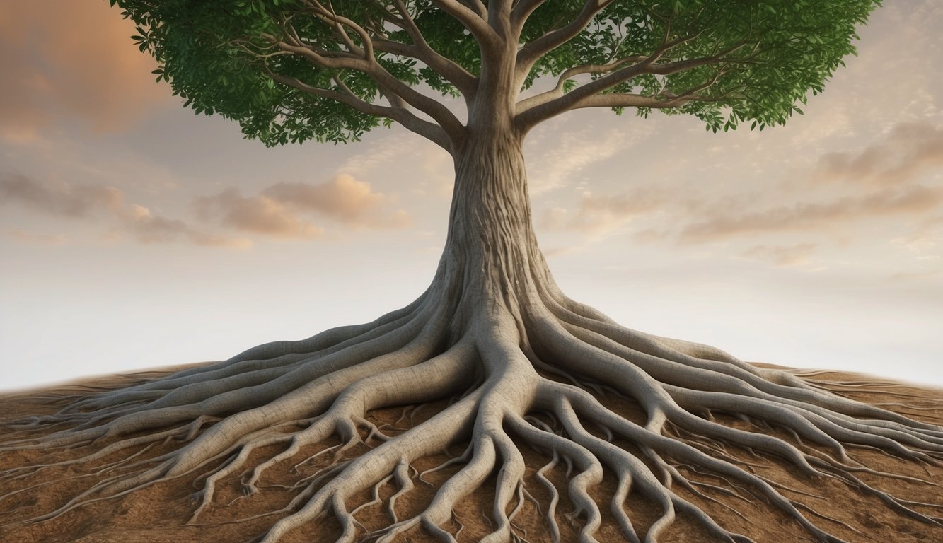 A tree growing from ancient roots, with branches reaching towards the sky, symbolizing the continuity and development of sacred tradition