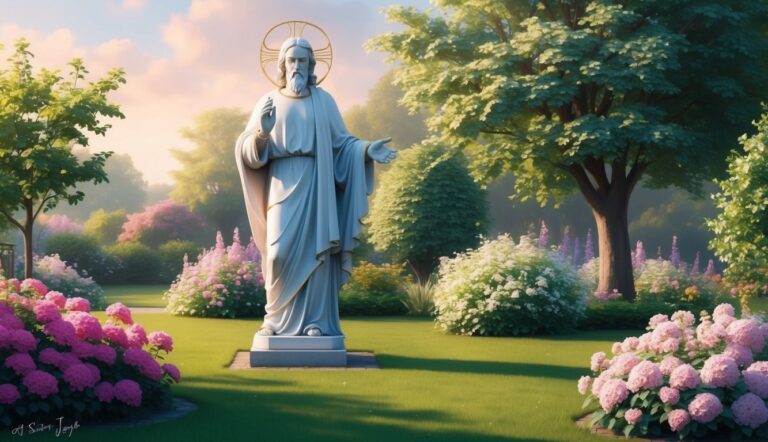 Statue of Jesus with halo in a garden with flowers and trees