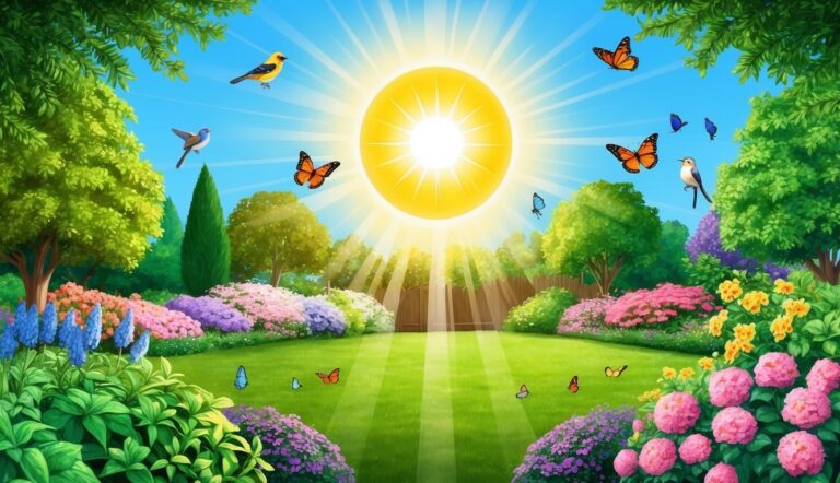 Bright sunny garden scene with birds, butterflies, and colorful flowers
