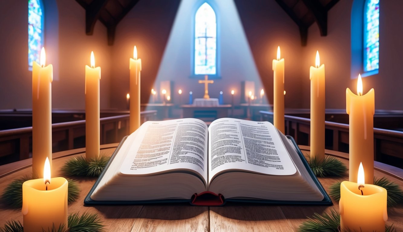 A serene church interior with a beam of light shining on an open Bible, surrounded by flickering candles and a peaceful atmosphere