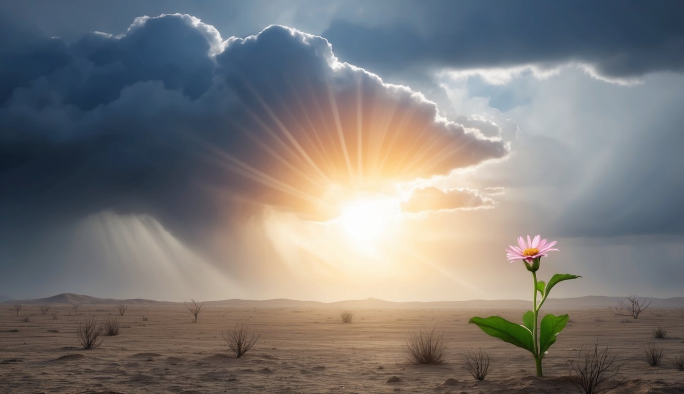 A radiant sun breaking through storm clouds, casting a warm glow over a barren landscape, with a single flower blooming amidst the adversity