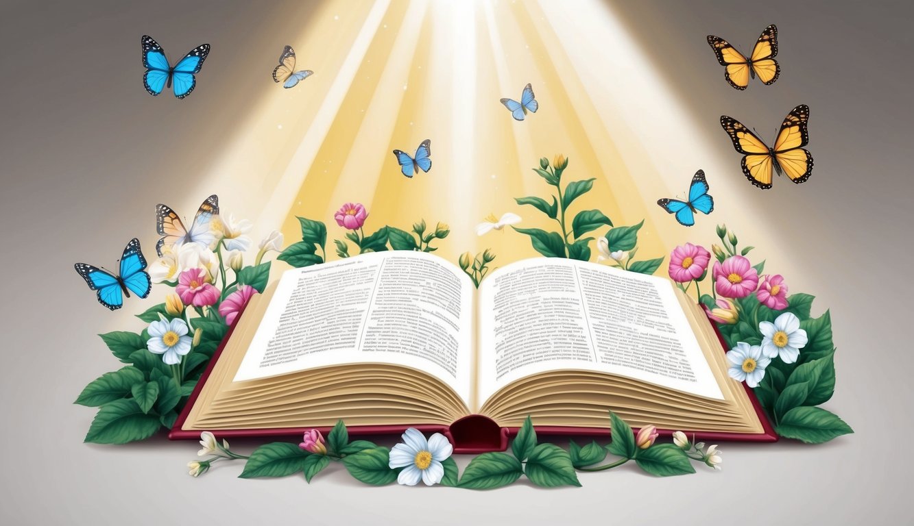 A beam of light shines down onto an open book surrounded by blooming flowers and fluttering butterflies