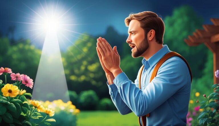 Man in blue shirt with hands clasped, looking at bright light