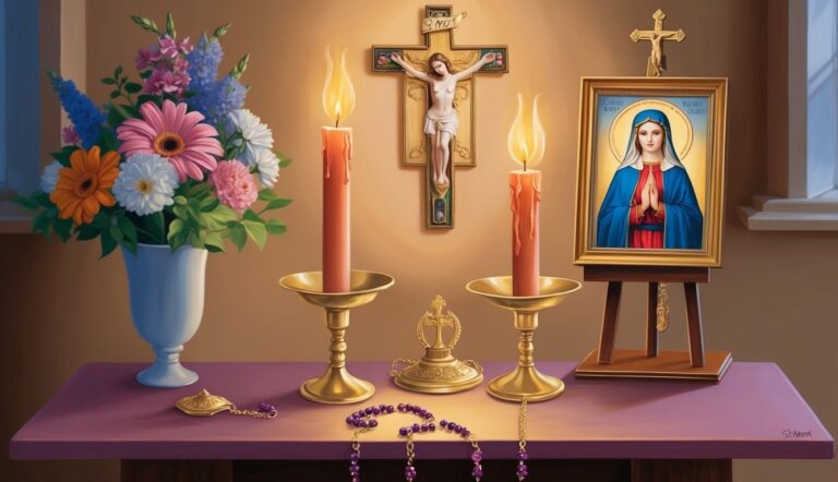 Religious still life with candles, crucifix, flowers, and a painting of Mary