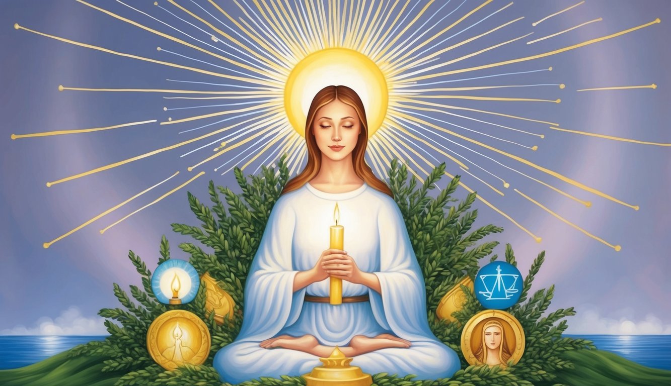 A serene figure holding a lit candle, surrounded by symbols of light and vision, with a halo of radiating rays above her head