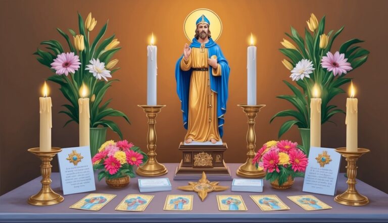 Statue of a saint with candles, flowers, and tarot cards on a table