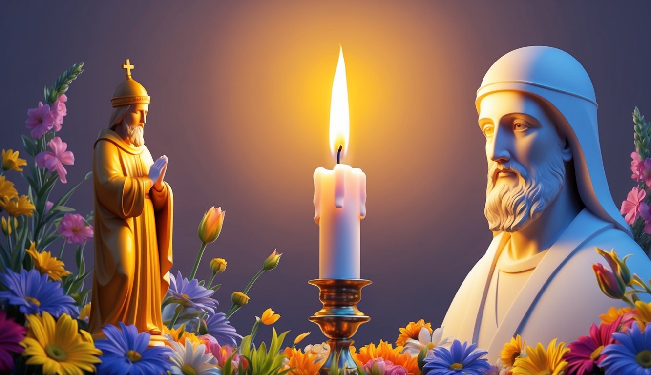 A flickering candle illuminates a statue of Saint Jude surrounded by colorful flowers and a peaceful, serene atmosphere