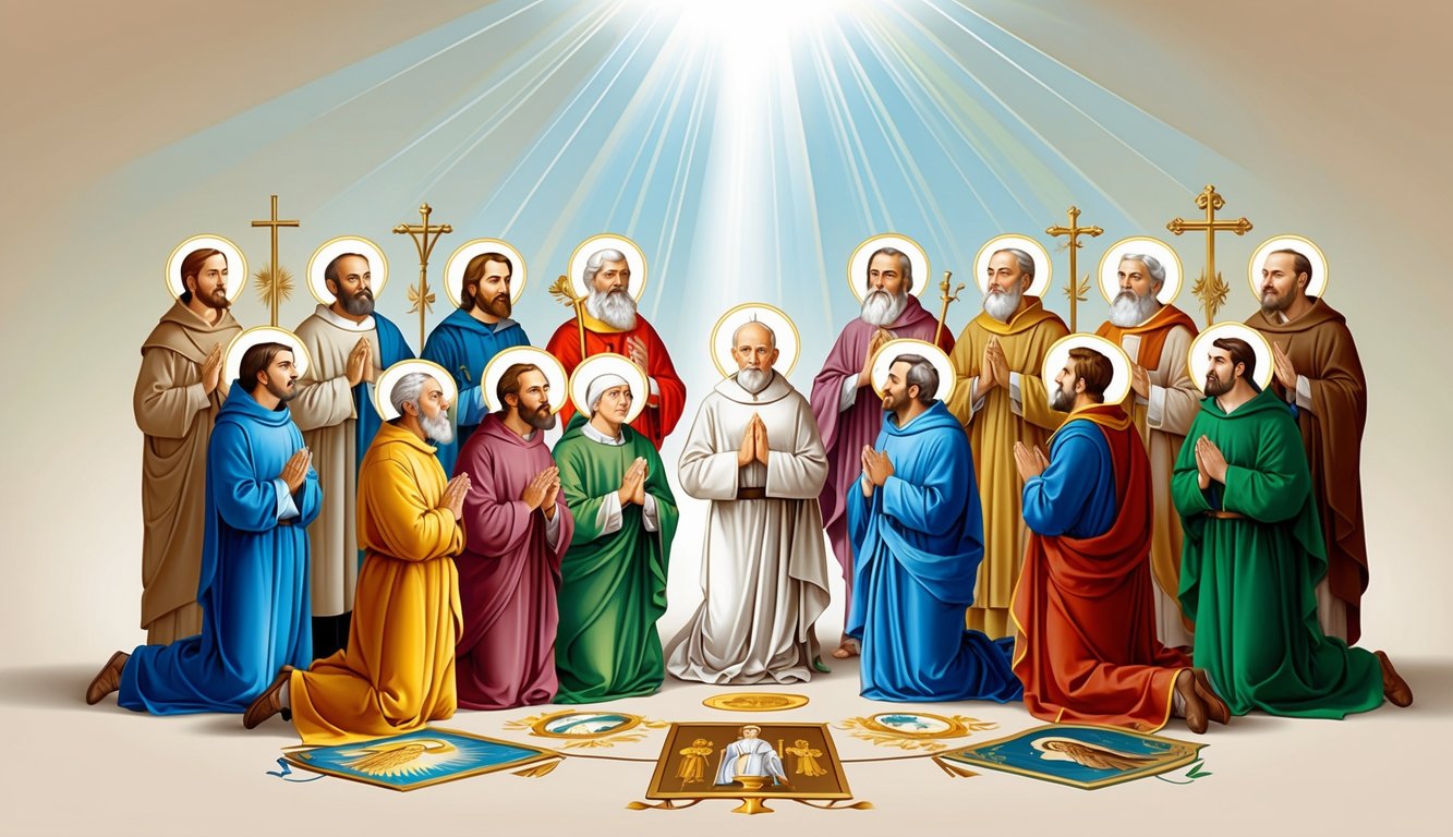 A group of saints and apostles gathered in prayer, surrounded by symbols of their vocations.</p><p>Rays of light shine down from above