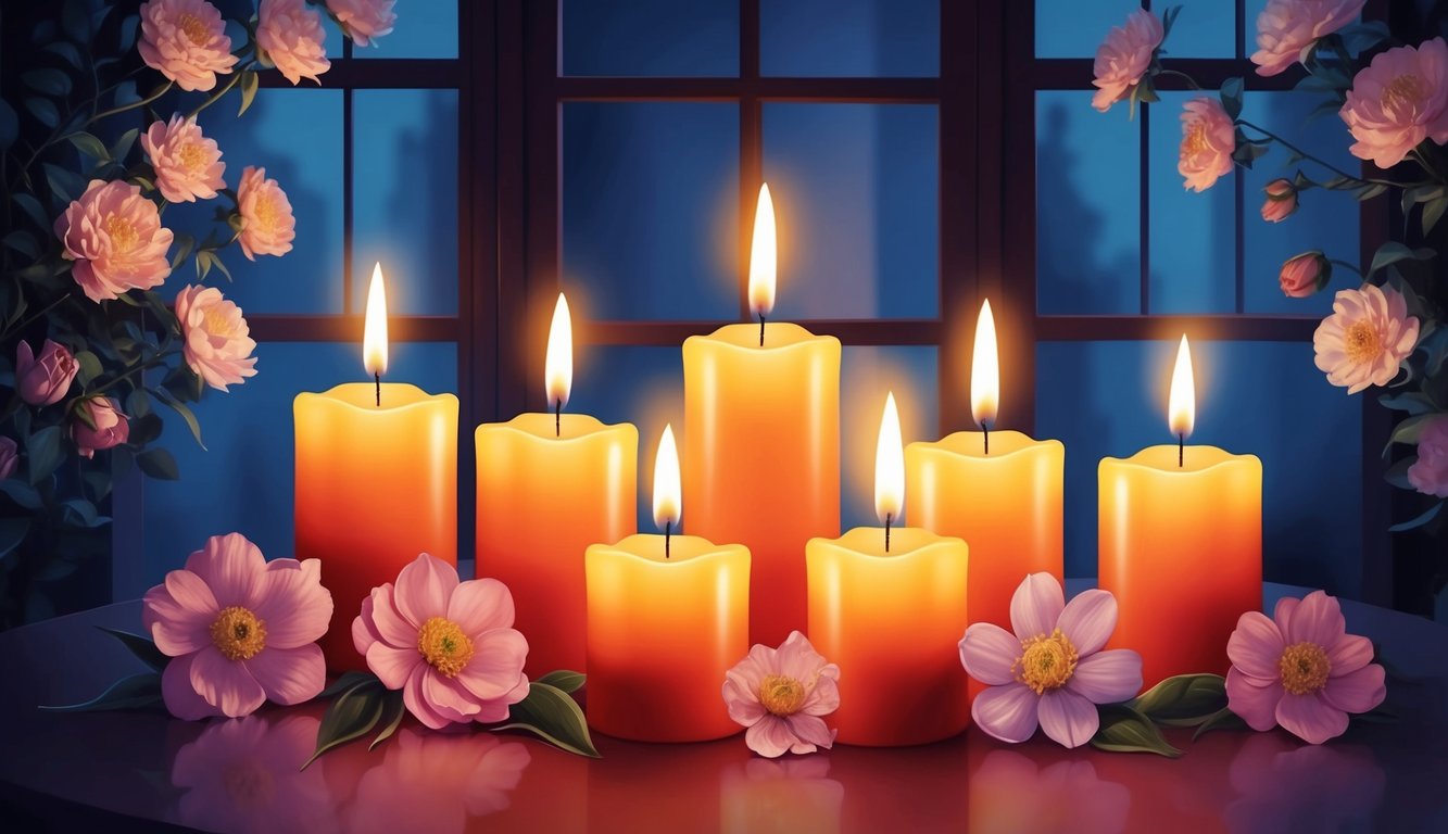 A group of candles burning brightly in a dimly lit room, surrounded by blooming flowers and an atmosphere of quiet reflection