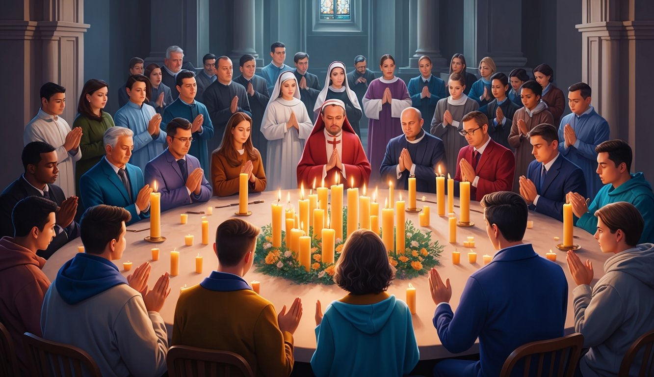 A group of people gathered in prayer, surrounded by candles and religious symbols, as they participate in a novena for vocations