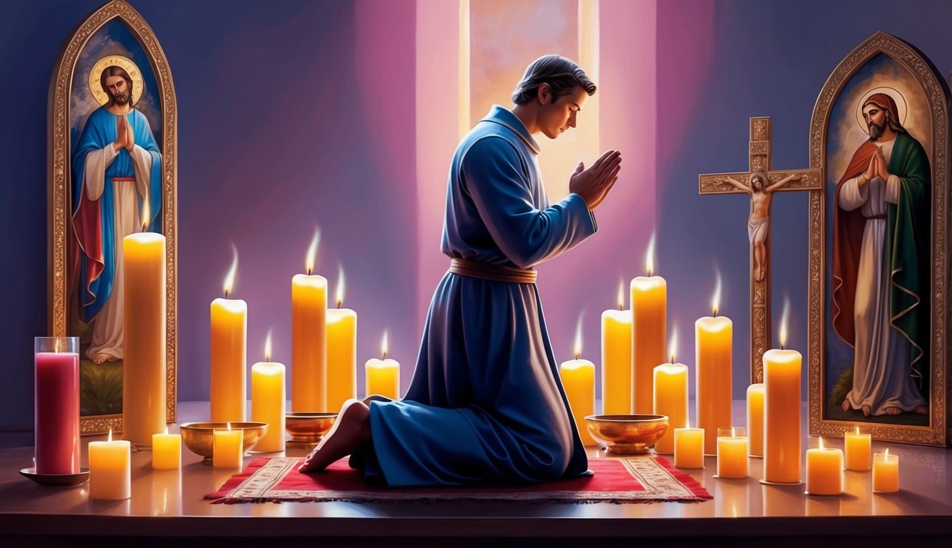 A figure kneeling in prayer, surrounded by candles and religious imagery, with a sense of peaceful devotion