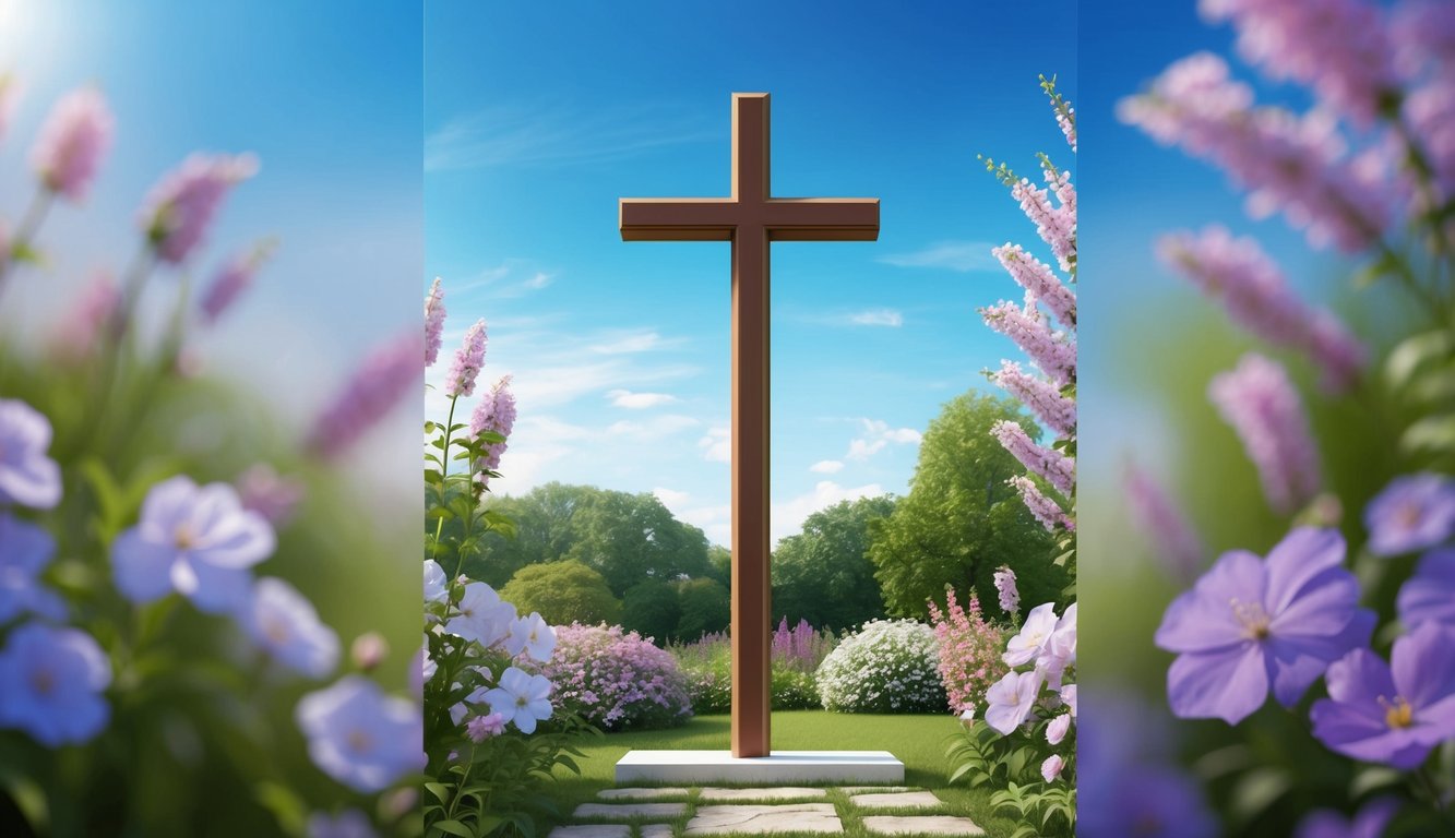 A cross standing tall in a serene garden, surrounded by blooming flowers and a clear blue sky