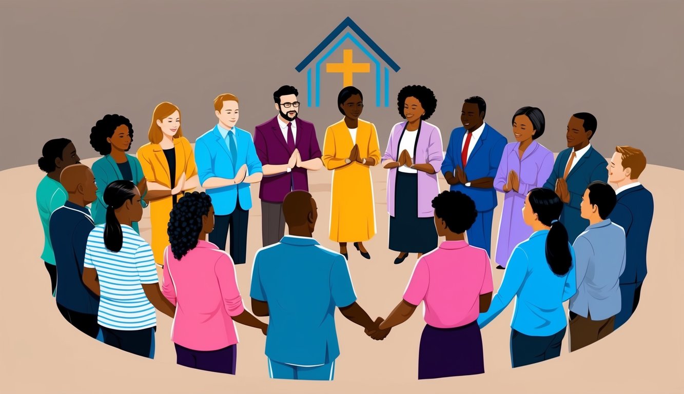 A group of people from diverse backgrounds gather in a circle, holding hands and praying together.</p><p>The church's logo is prominently displayed in the background