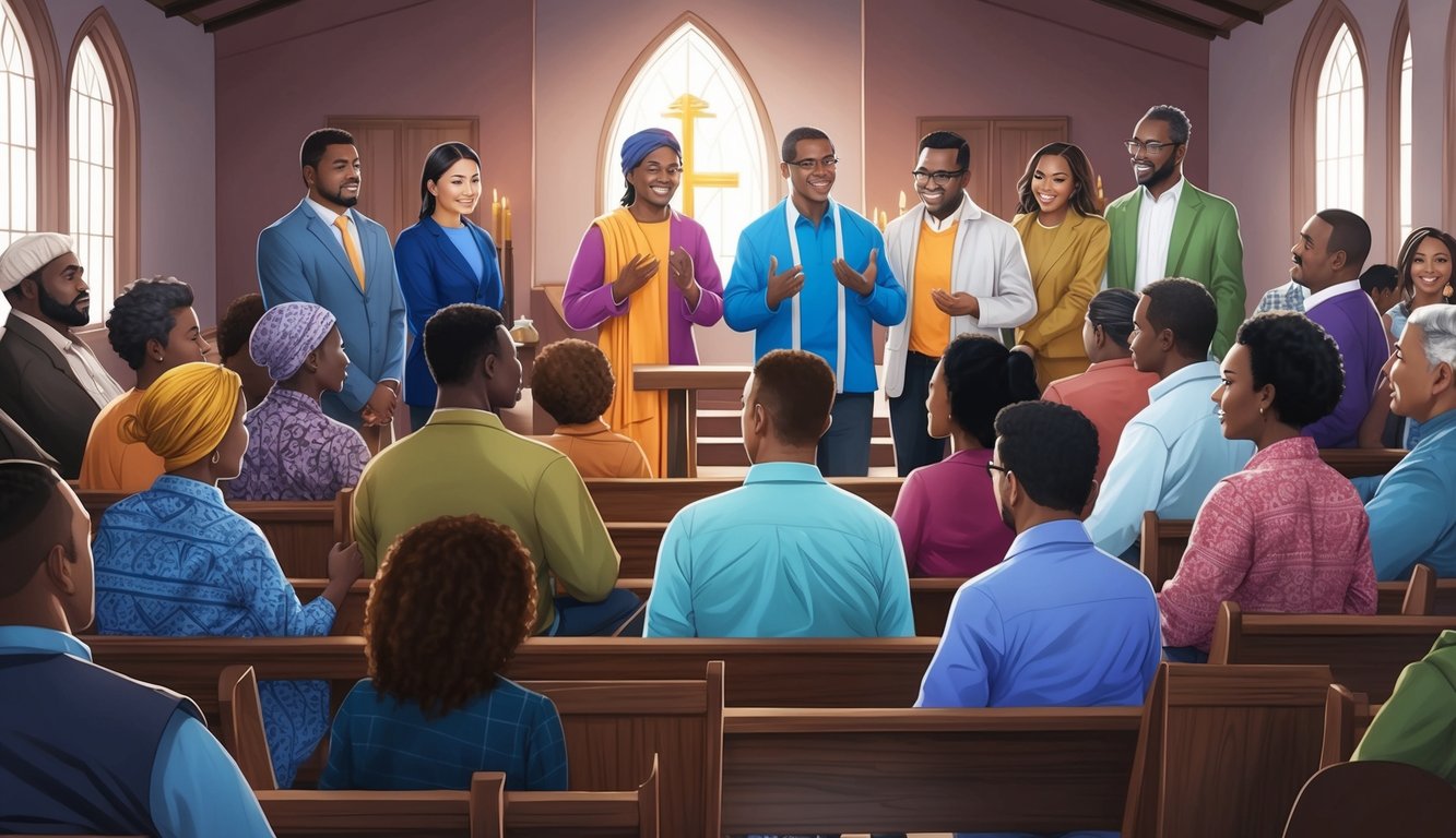 A group of people from diverse backgrounds gather in a church setting, seeking answers to common questions about the international Christian faith