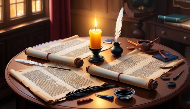 A candle, scrolls, and quill pens on a round wooden table