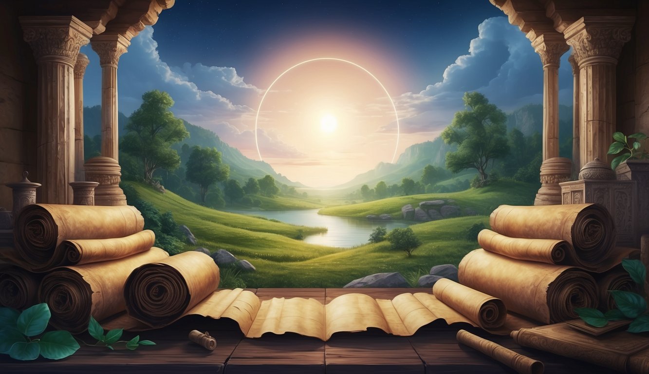 A serene landscape with ancient scrolls and a glowing celestial light