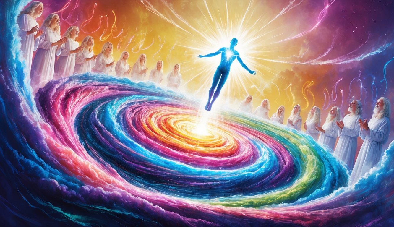 A radiant figure hovers above a swirling mass of colorful, glowing energy, surrounded by a chorus of ethereal voices