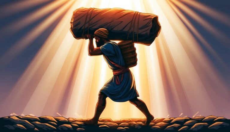 Man carrying large burden under bright light, walking on rocky ground