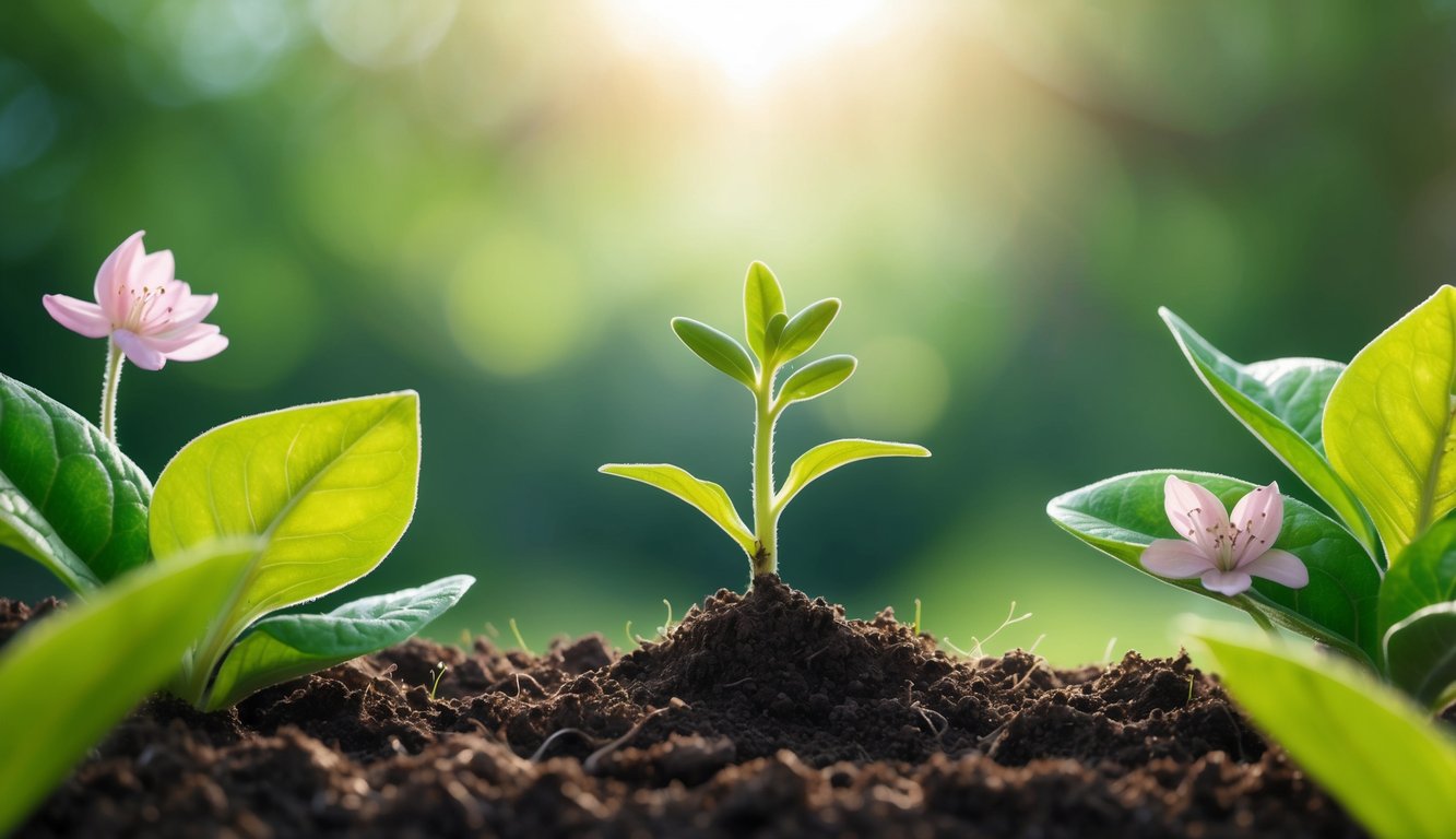 A small seedling breaking through the soil, reaching towards the sunlight, surrounded by vibrant green leaves and delicate flowers