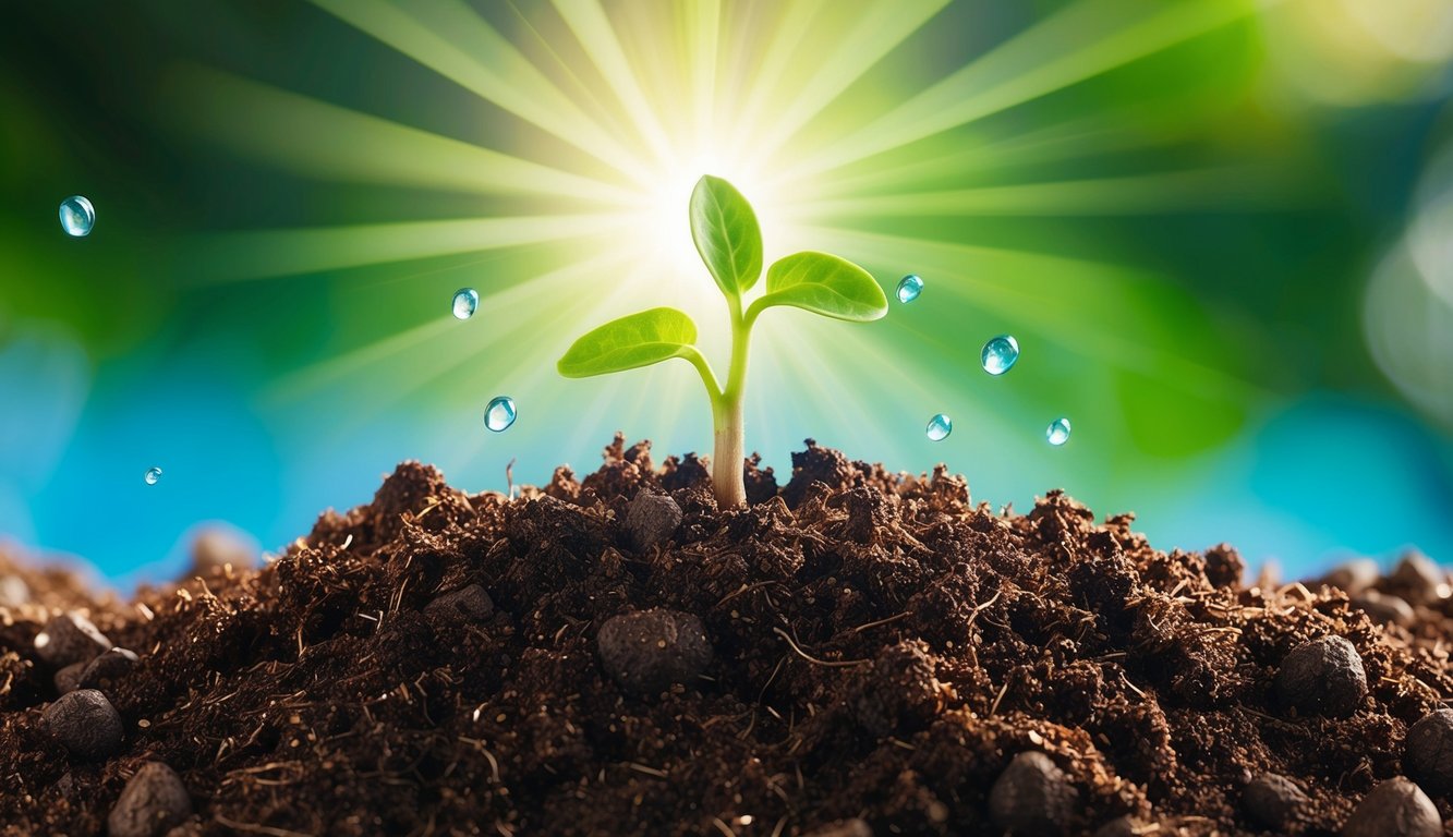 A small seedling emerging from rich soil, surrounded by rays of sunlight and water droplets, symbolizing spiritual growth