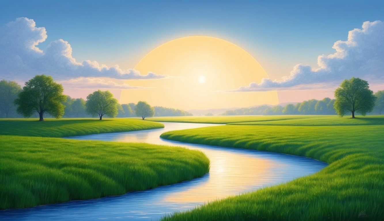 A serene landscape with a glowing sunrise, a clear blue sky, and a peaceful river flowing through lush green fields