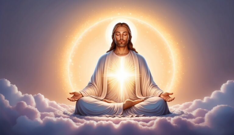 Jesus meditating in lotus position, surrounded by clouds and light