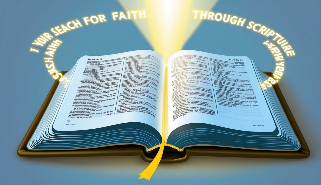 A beam of light illuminating an open Bible, surrounded by a halo of glowing verses, symbolizing the search for faith through scripture