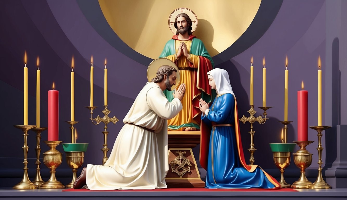 A figure kneeling in prayer before a statue of St. Christopher, surrounded by candles and religious symbols