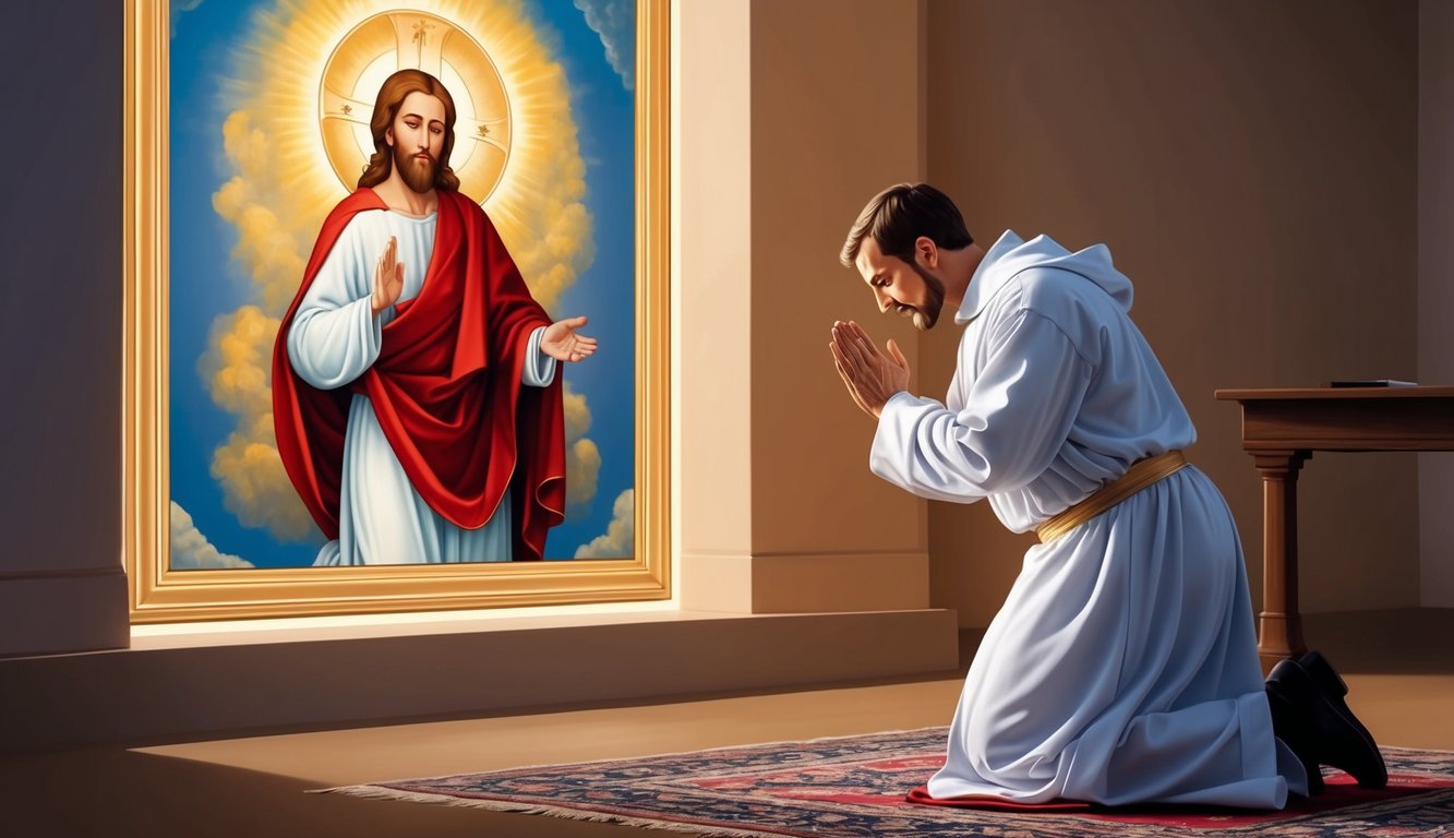 A person kneeling in prayer before an image of St. Christopher, surrounded by a halo of light