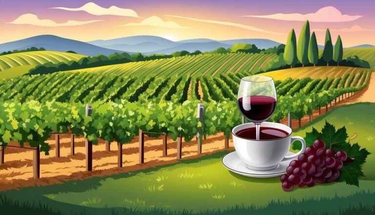 Vineyard landscape with wine glass, cup of wine, and grapes at sunset