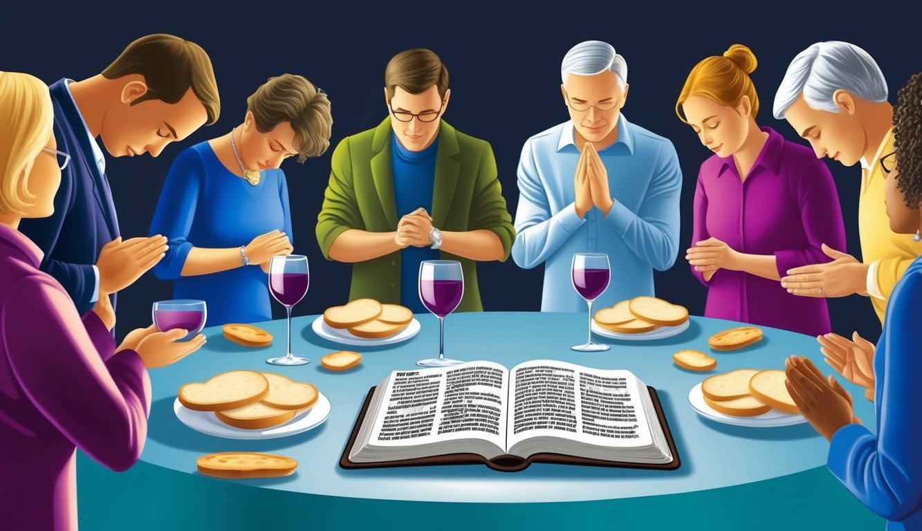 A group of people gathered around a table with wine and bread, bowing their heads in prayer.</p><p>A bible is open on the table, with a verse about drinking highlighted