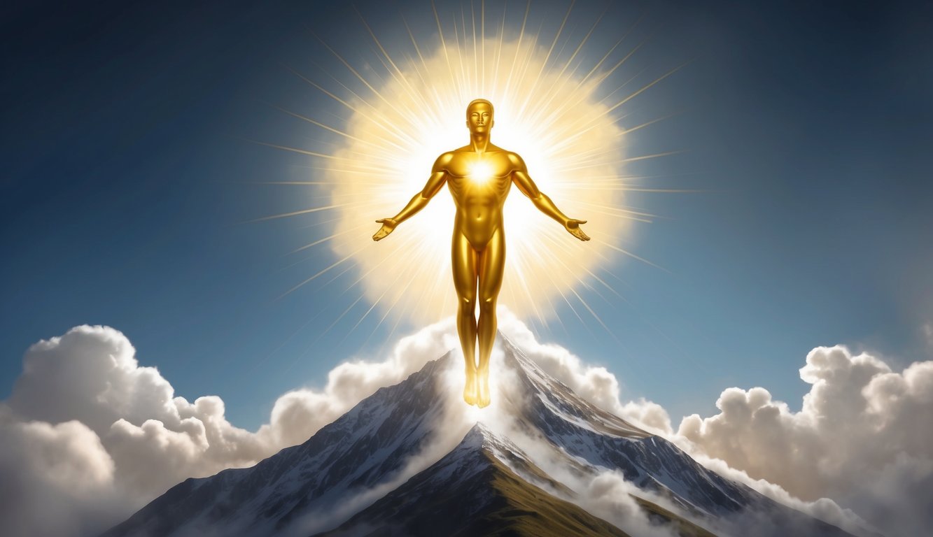 A radiant, golden figure hovers above a mountain, surrounded by clouds and a glowing aura, symbolizing the divine presence of Yahweh