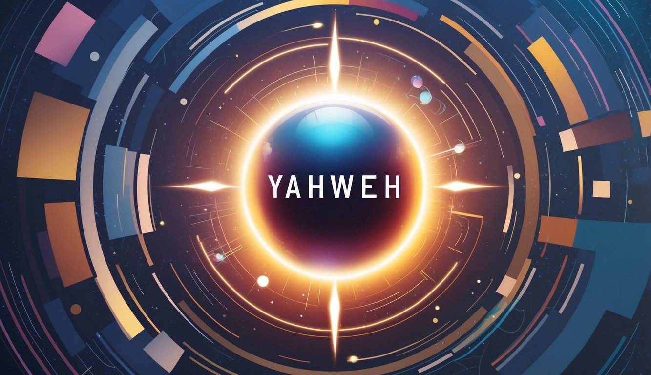 A glowing orb surrounded by abstract shapes and patterns, symbolizing the modern perspectives and interpretations of the meaning of Yahweh