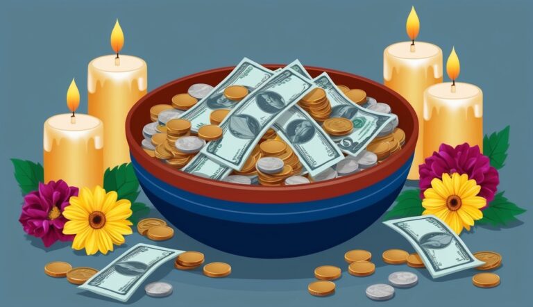 Bowl overflowing with money, candles, and flowers on a blue background
