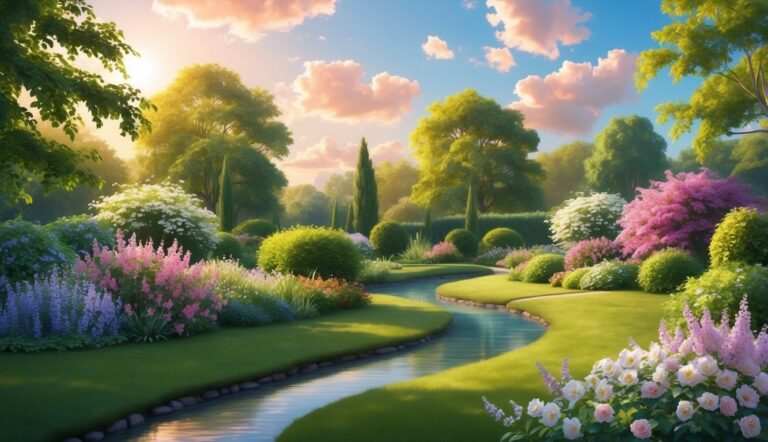 Scenic garden with a winding stream, lush greenery, and colorful flowers